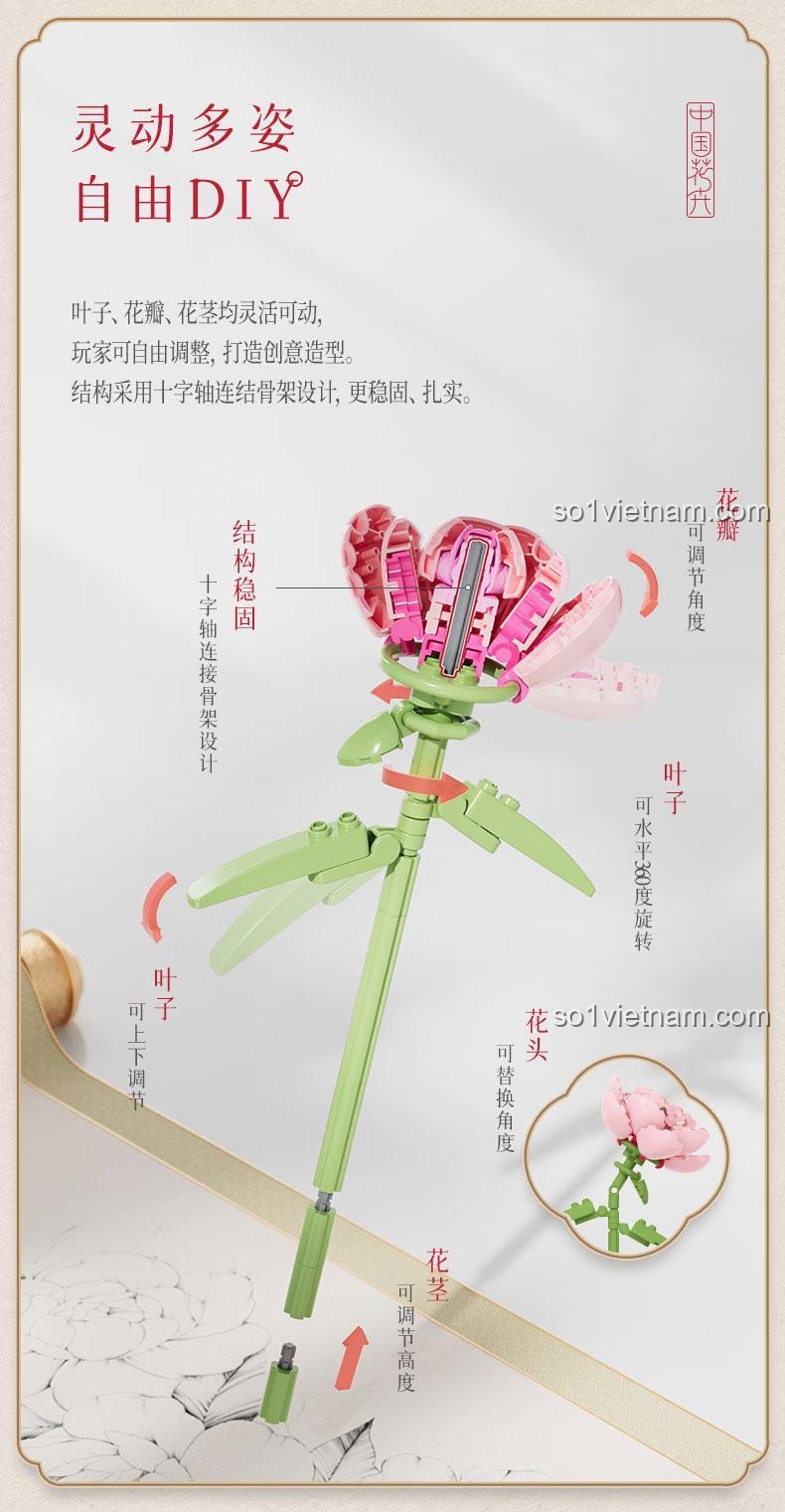 Bộ đồ chơi lắp ghép Hoa Trung Quốc: Mẫu Đơn Tình Yêu 666 mảnh, màu hồng và trắng, trong lọ hoa cho bé gái 14 tuổi