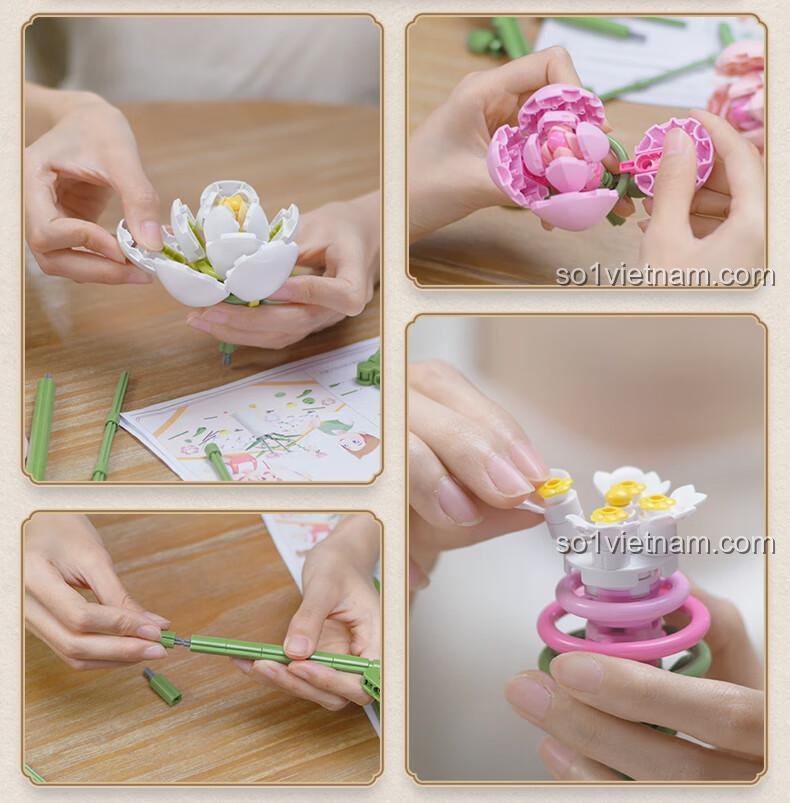 Bộ đồ chơi lắp ghép Hoa Trung Quốc: Mẫu Đơn Tình Yêu 666 mảnh, màu hồng và trắng, kèm thiệp cho bé gái 14 tuổi