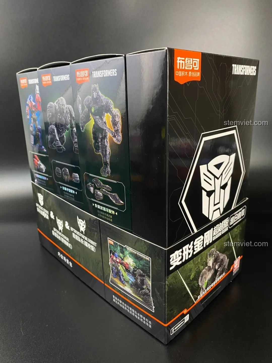 Hộp BLOKEES Transformers Galaxy Version, với hình ảnh các nhân vật G1 kinh điển như Optimus Prime và Megatron.