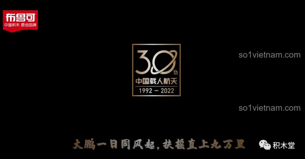 Logo kỷ niệm 30 năm chương trình vũ trụ có người lái trên nền đen của hộp BLOKEES 81102