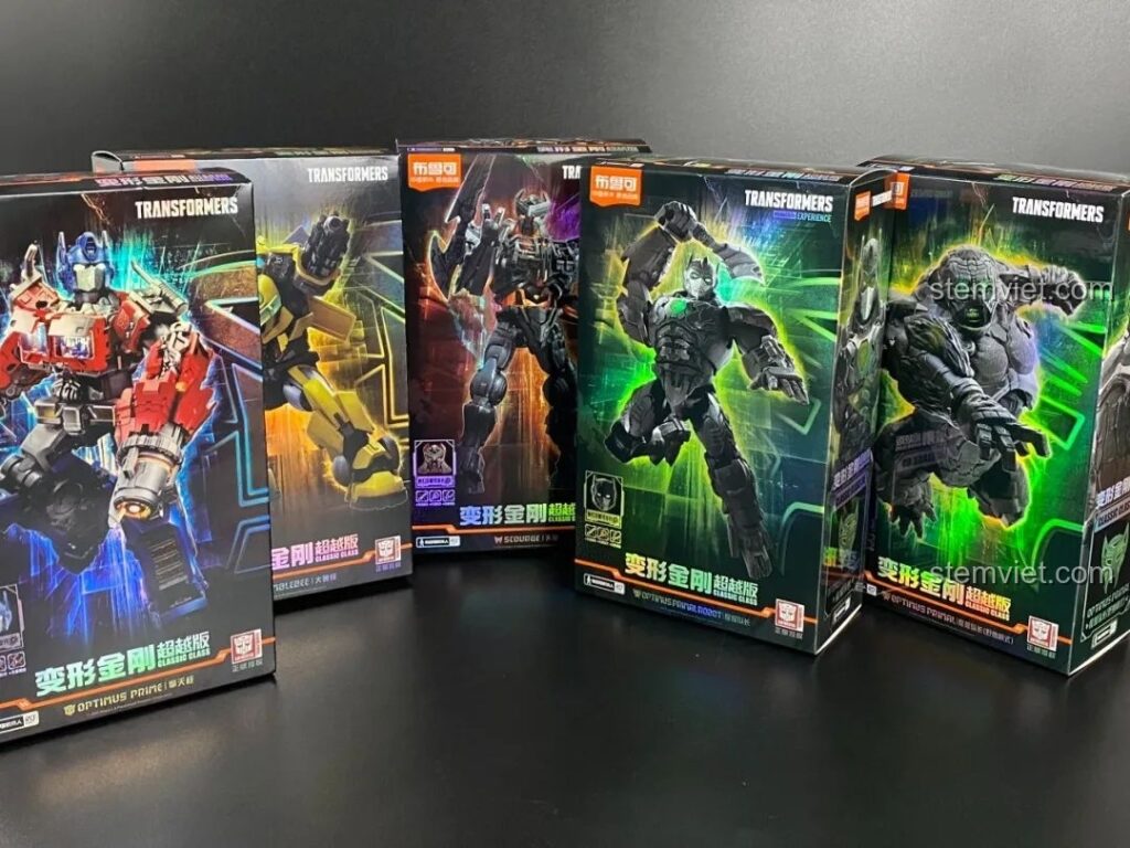 Bộ sưu tập BLOKEES Transformers Beyond Series đầy đủ các hộp mô hình Optimus Prime, Optimus Primal, Scourge, Bumblebee.
