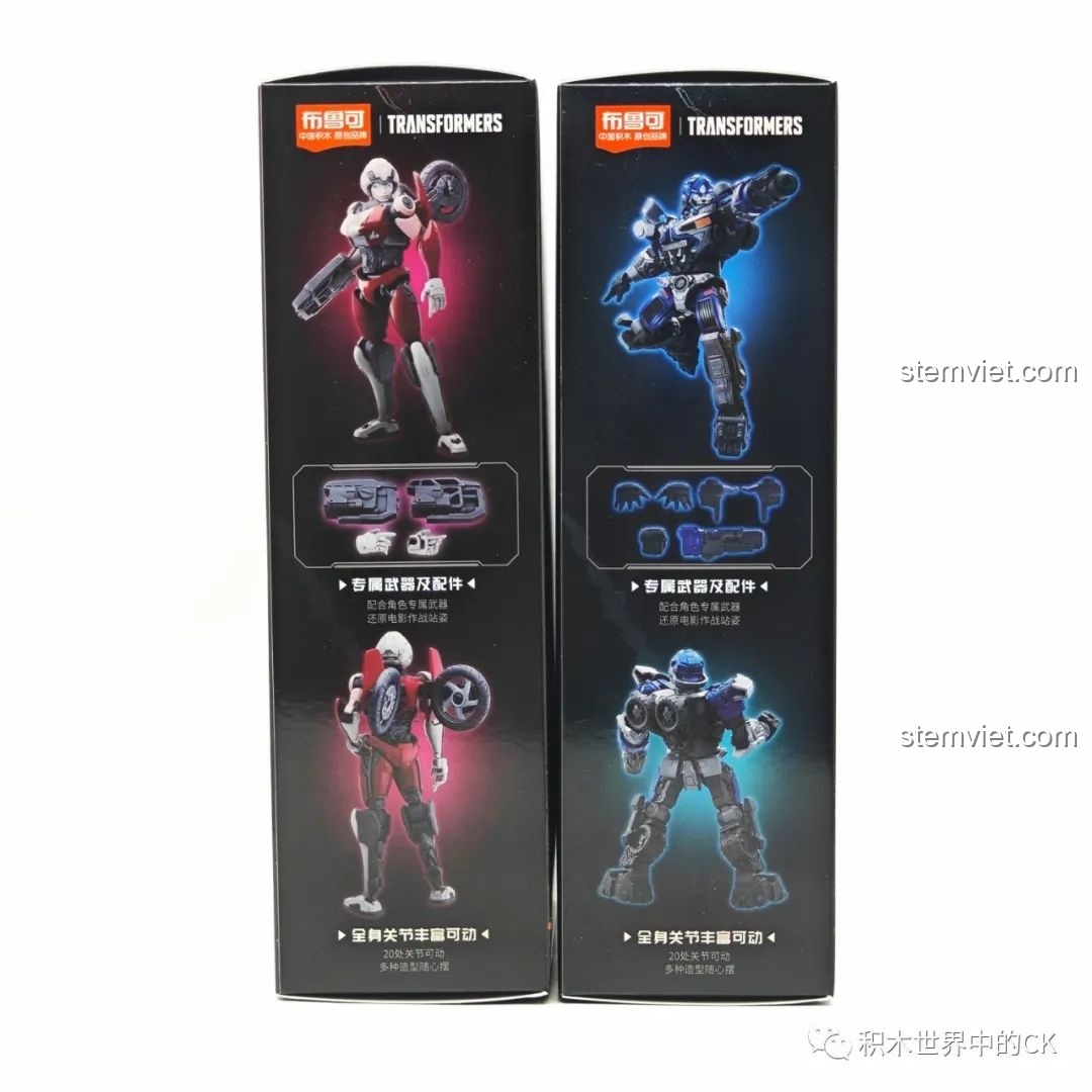 Cạnh hộp BLOKEES Transformers Beyond Edition Mirage và Arcee, minh họa phụ kiện và khớp cử động linh hoạt.