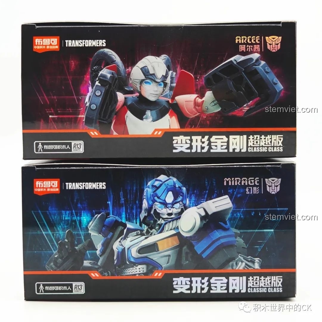 Mặt trên hộp đồ chơi lắp ráp BLOKEES Transformers Beyond Edition Mirage và Arcee, với hình ảnh cận cảnh nhân vật.