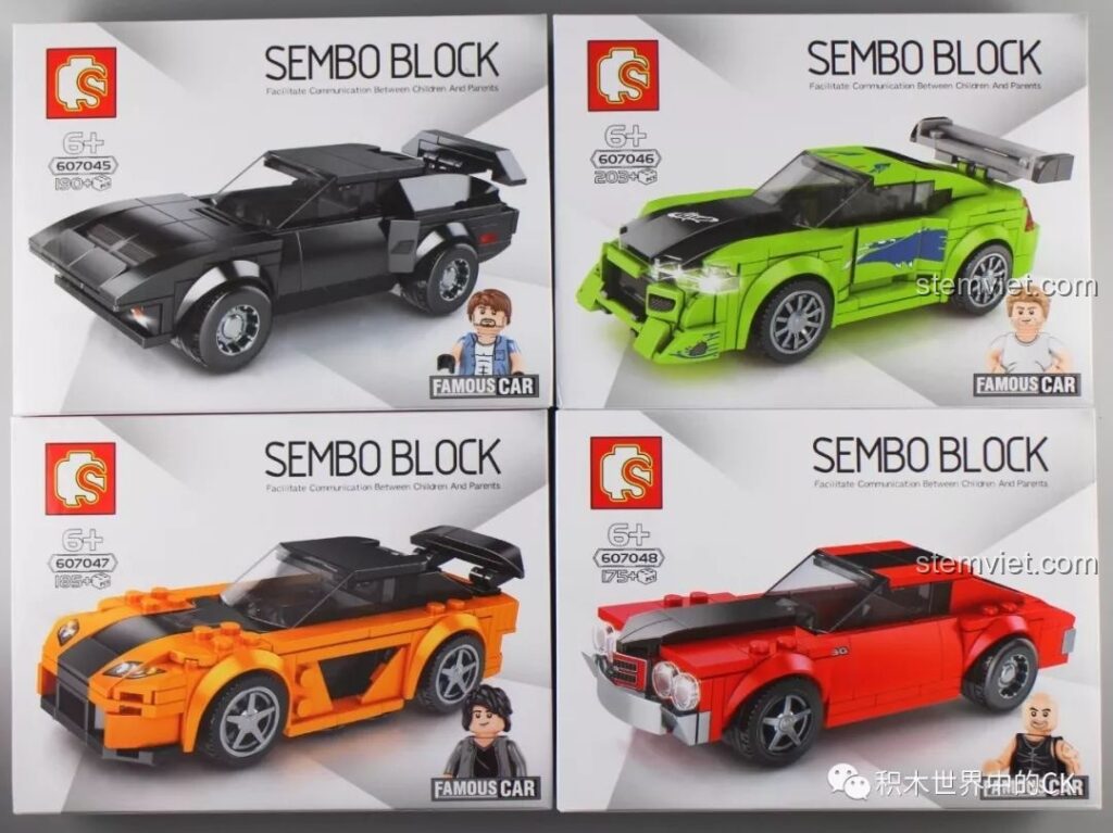 Bộ 4 hộp đồ chơi lắp ghép Sembo Block Famous Car Series 607045-607048 với các mẫu xe đua nổi tiếng.