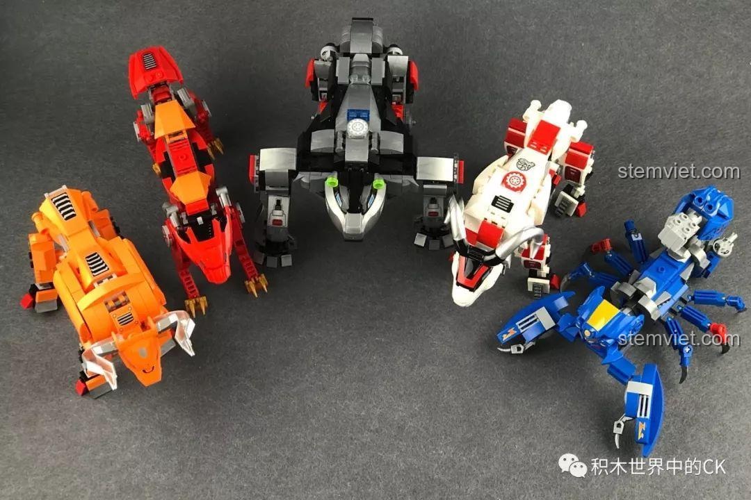 Góc nhìn từ trên xuống của bộ 5 robot Hạch Tinh Thiếu Niên, cho thấy sự đa dạng trong thiết kế và màu sắc.