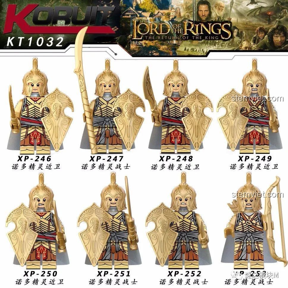 Ảnh quảng cáo bộ 8 Minifigure Binh lính tộc Tiên Noldor KORUIT KT1032 với giáp và vũ khí vàng óng ánh.