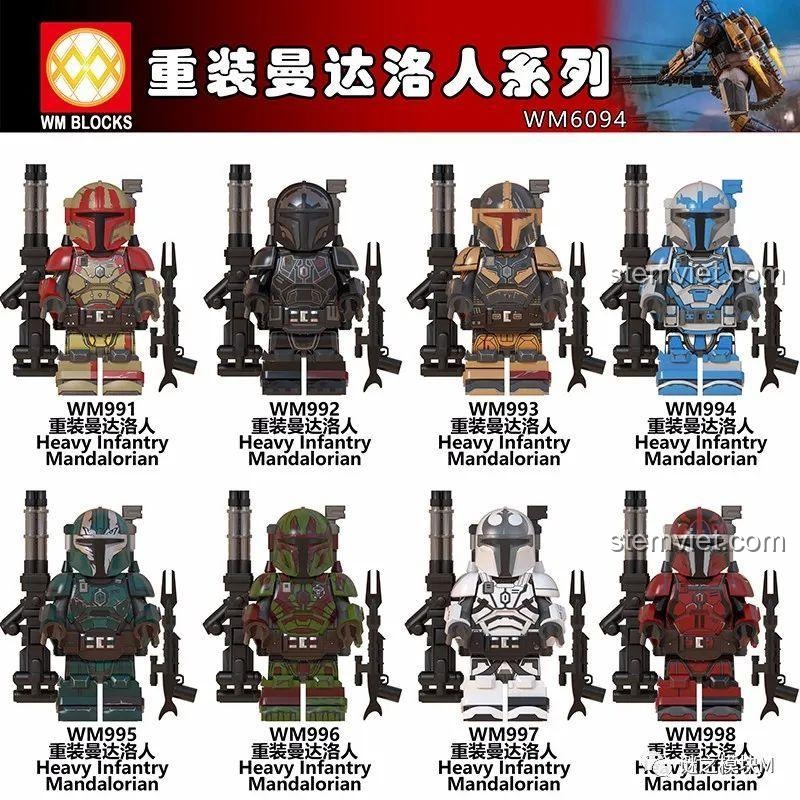 Tổng hợp 8 mẫu Minifigure Heavy Infantry Mandalorian WM6094 với các màu sắc và giáp khác nhau.