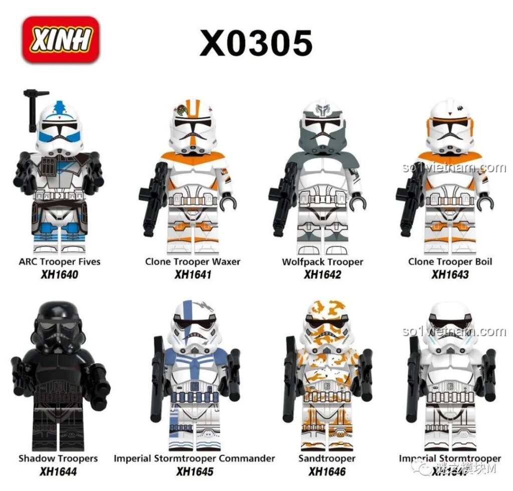 Minifigure Sandtrooper trong bộ XINH X0305, với bộ giáp sa mạc đặc trưng và vũ khí blaster.