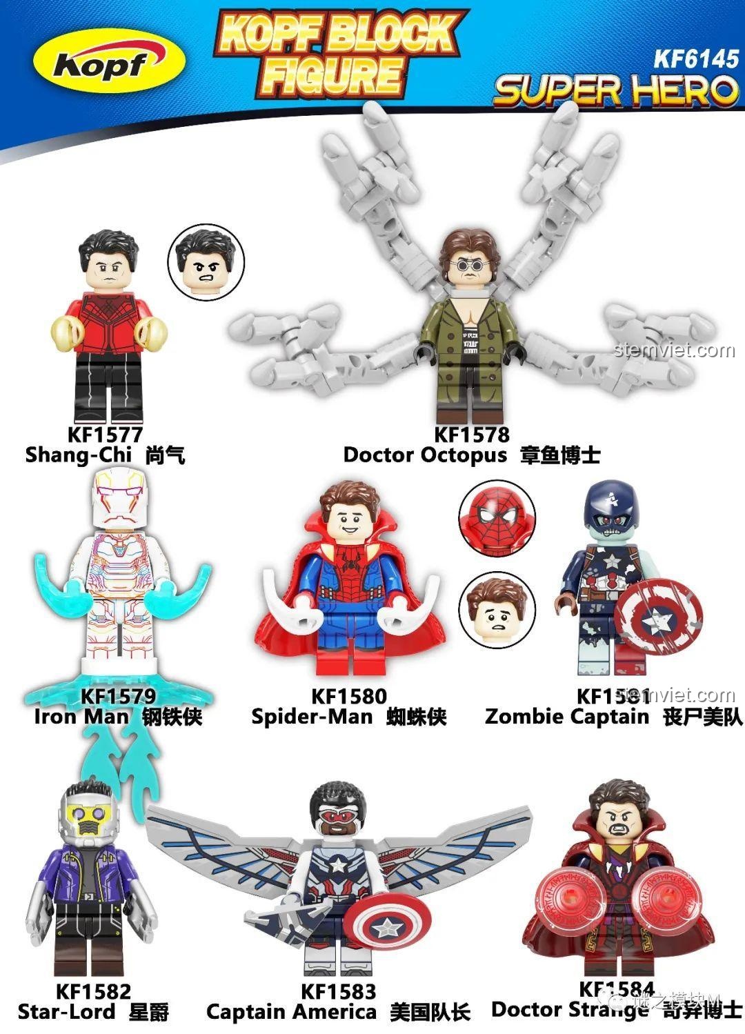 Tổng quan bộ 8 mô hình mini siêu anh hùng Marvel KF6145 của Kopf, bao gồm Shang-Chi, Doctor Octopus, Iron Man, Spider-Man, Zombie Captain America, Star-Lord, Captain America, Doctor Strange.