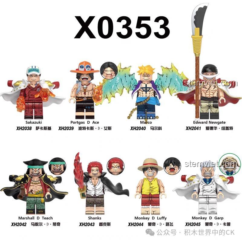 Tổng hợp 8 nhân vật One Piece trong bộ minifigure XINH X0353, bao gồm Sakazuki, Portgas D Ace, Marco, Edward Newgate, Marshall D Teach, Shanks, Monkey D Luffy, Monkey D Garp.