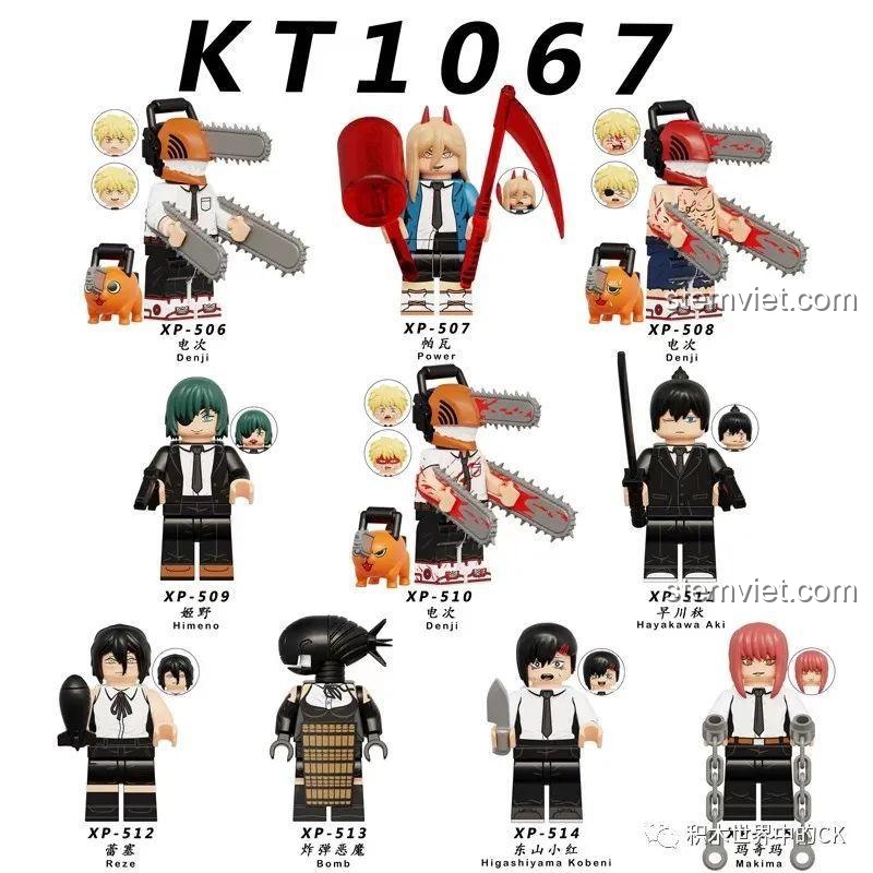 Toàn cảnh bộ 9 minifigure Chainsaw Man KT1067 của KORUIT, bao gồm Denji, Power, Himeno, Bomb, Aki, Reze, Kobeni, Makima.