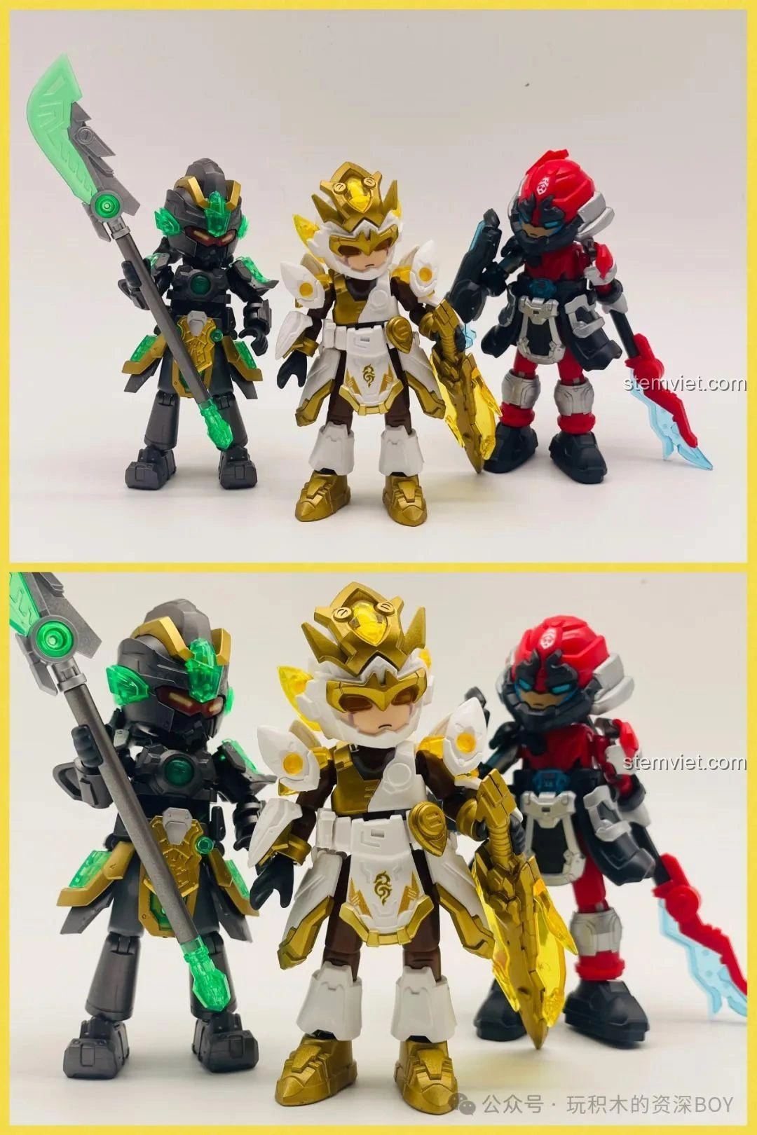 Bộ ba mô hình Lưu Bị, Quan Vũ, Trương Phi của BLOKEES đứng cạnh nhau, tạo nên cảnh Tam Quốc.