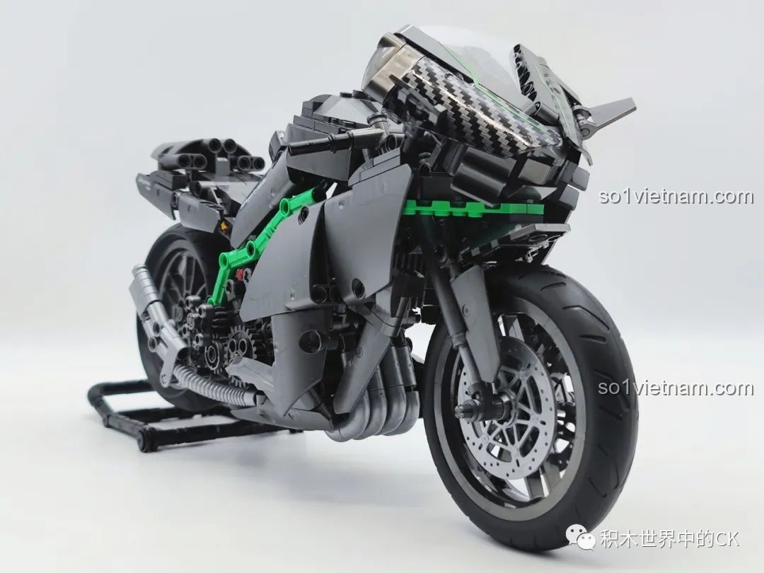 Bộ đồ chơi Siêu mô tô Kawasaki Ninja H2R QJ5183 với góc nhìn từ bên trái, khoe hệ thống động cơ và ống xả.