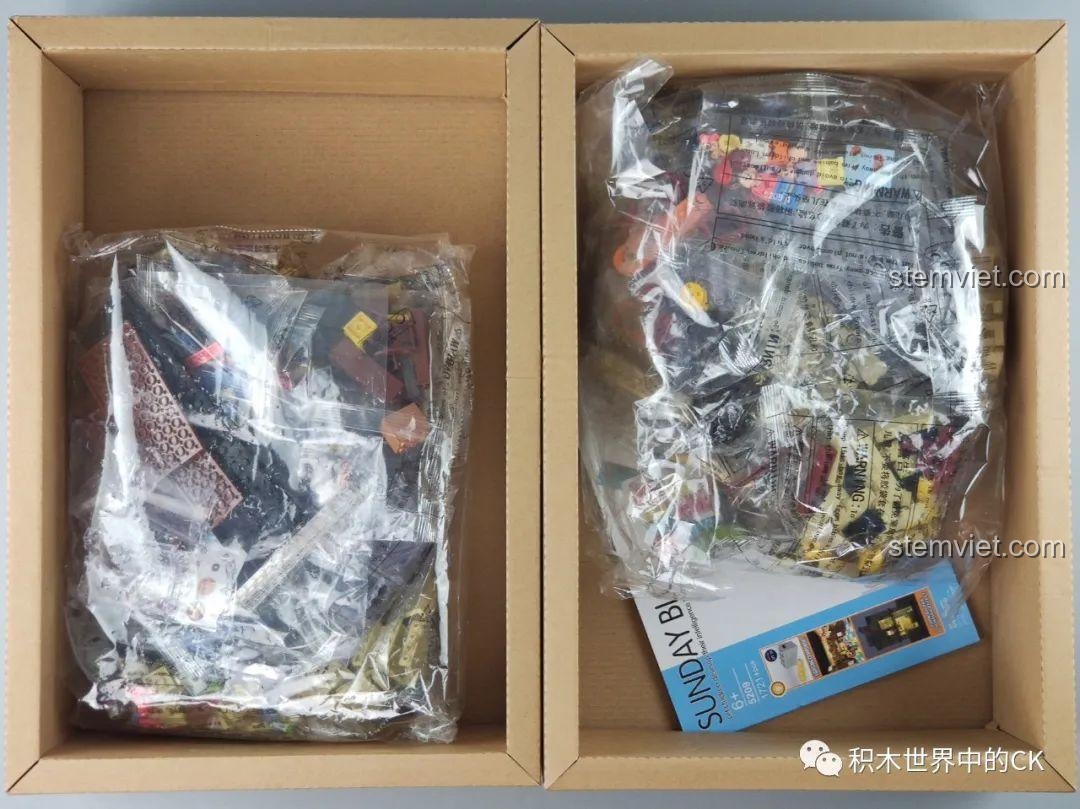 Bên trong hộp đồ chơi lắp ráp Cửa hàng trà sữa JIAZHI SY 5209, các túi mảnh ghép được đóng gói cẩn thận.