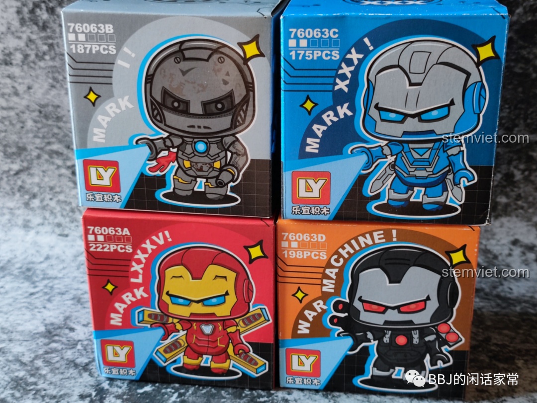 Bộ 4 hộp đồ chơi lắp ráp Iron Man Blockheadz LY 76063, bao gồm Mark I, Mark XXX, Mark LXXXV và War Machine.