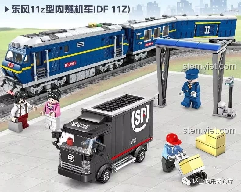 Tổng quan bộ đồ chơi lắp ráp KAZI KY98220 Tàu Hỏa Đông Phong 11Z, bao gồm tàu, đường ray, nhân vật, xe tải và sân ga.