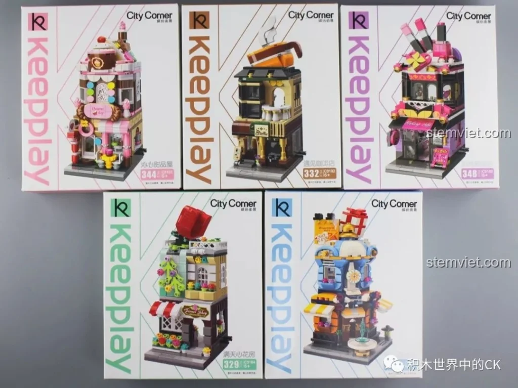 Bộ lắp ghép Keepplay City Corner C0101-C0105: 5 hộp đồ chơi lắp ráp cửa hàng bánh ngọt, cà phê, mỹ phẩm, hoa, trung tâm thương mại.