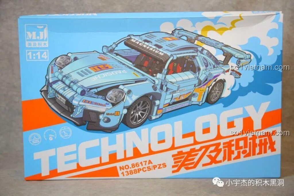 Hộp bộ lắp ghép Porsche 911 8616 từ Meiji Building Blocks với thiết kế màu xanh nổi bật