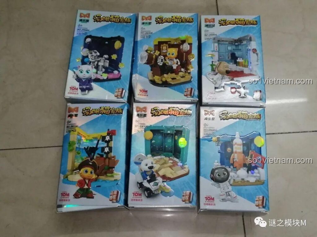 Tổng hợp các hộp lắp ghép Talking Tom and Friends phiên bản Pule Star, với các nhân vật và bối cảnh khác nhau.