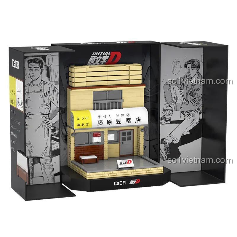 Bộ lắp ghép CaDA C61033 Fujiwara Tofu Shop được mở hộp, trưng bày mô hình và các nhân vật