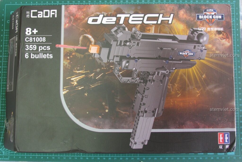 Hộp bộ lắp ráp Súng Tiểu Liên UZI Mini CaDA C81008 với hình ảnh mô hình và thông tin sản phẩm.
