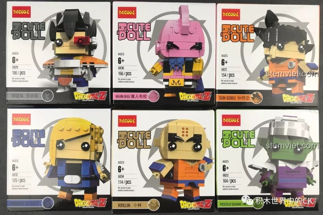 Toàn cảnh 6 hộp của bộ lắp ráp Decool 6829-6834 series Dragon Ball Z Cute Doll, gồm Vegeta, Majin Buu, Goku, Android 18, Krillin và Piccolo.