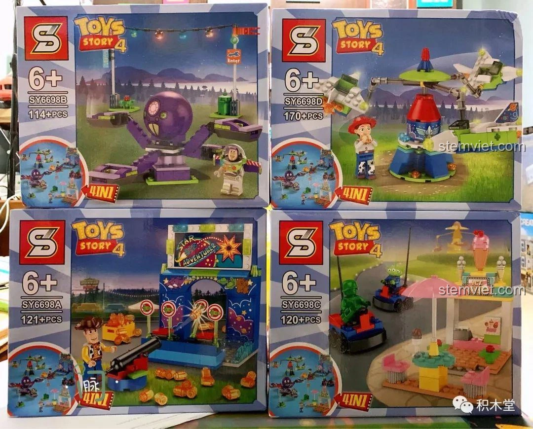 Bốn hộp đồ chơi lắp ráp Sheng Yuan chủ đề Hội Chợ Toy Story 4, bao gồm Buzz Lightyear, Jessie, Woody và Alien, đầy màu sắc và hấp dẫn.