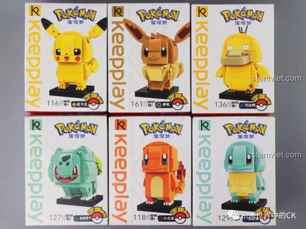 Trọn bộ 6 hộp mô hình lắp ráp Keeppley Pokémon Gen 1 gồm Pikachu, Eevee, Psyduck, Bulbasaur, Charmander và Squirtle.