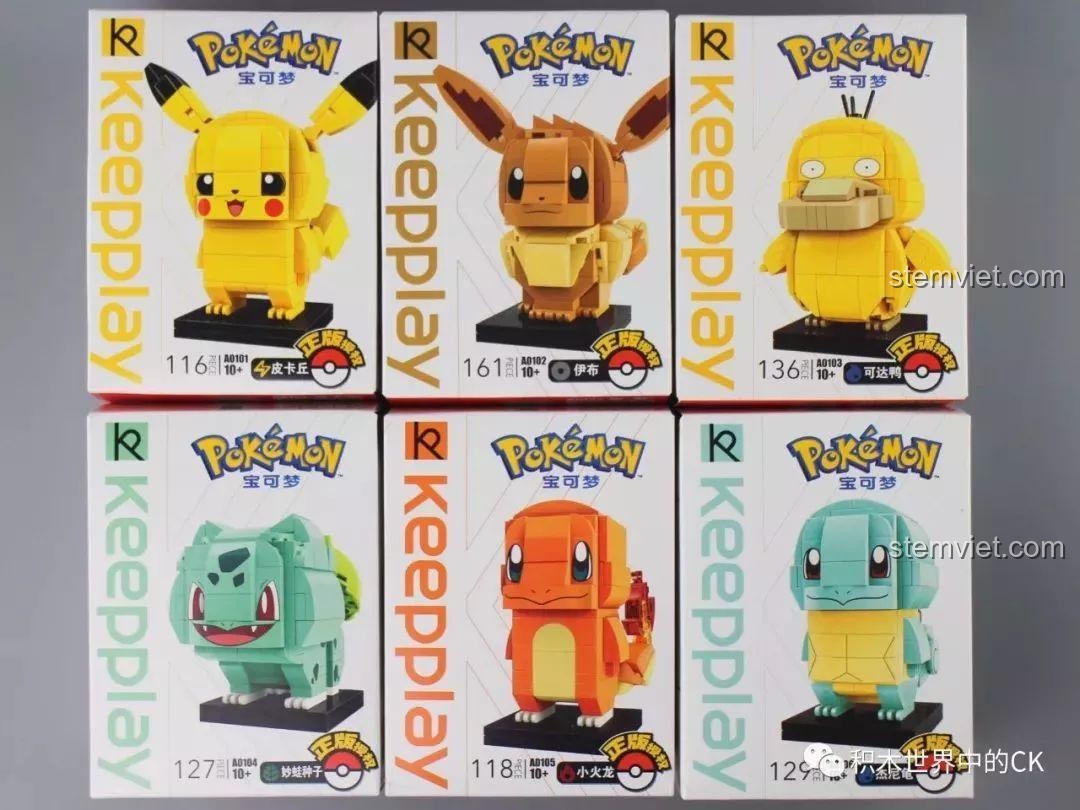 Trọn bộ 6 hộp mô hình lắp ráp Keeppley Pokémon Gen 1 gồm Pikachu, Eevee, Psyduck, Bulbasaur, Charmander và Squirtle.