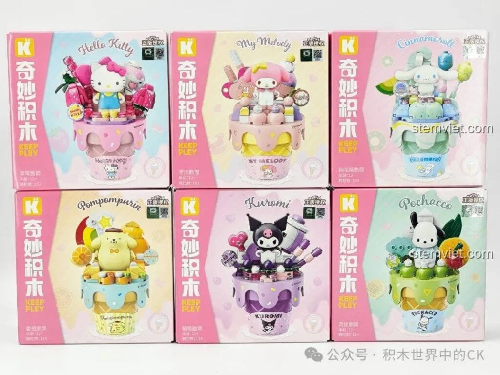 Toàn bộ 6 hộp của bộ lắp ráp Keeppley Sanrio Kem Ốc Quế, bao gồm Hello Kitty, My Melody, Cinnamoroll, Pompompurin, Kuromi và Pochacco.