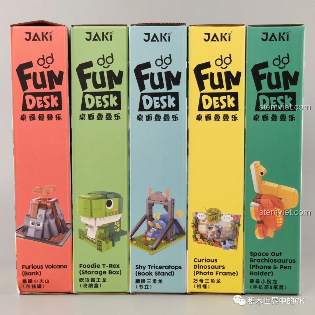 Mặt bên các hộp đồ chơi lắp ráp khủng long Fun Desk JAKI với hình ảnh minh họa