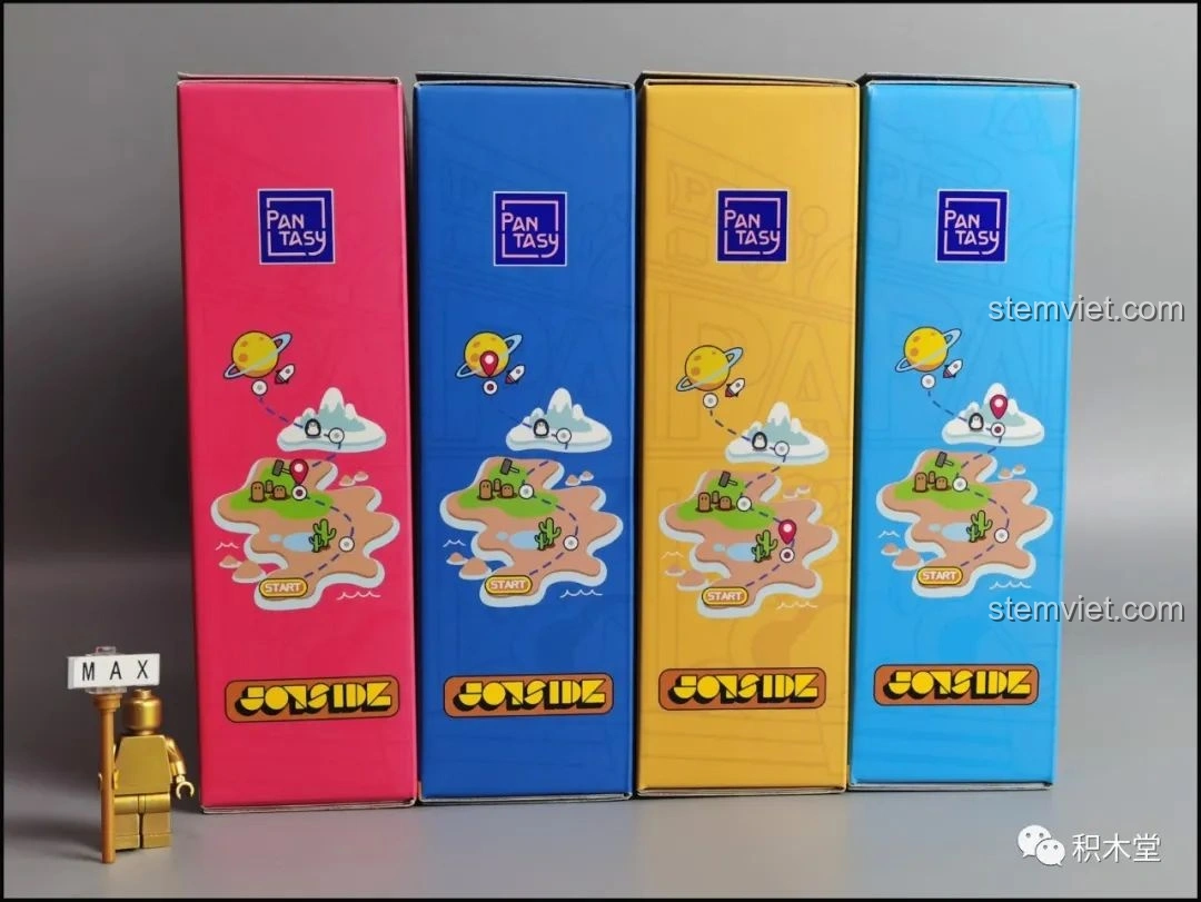 Cạnh bên của 4 hộp lắp ráp Pantasy Joyside 61001-61004, thể hiện một bản đồ hành trình liền mạch.