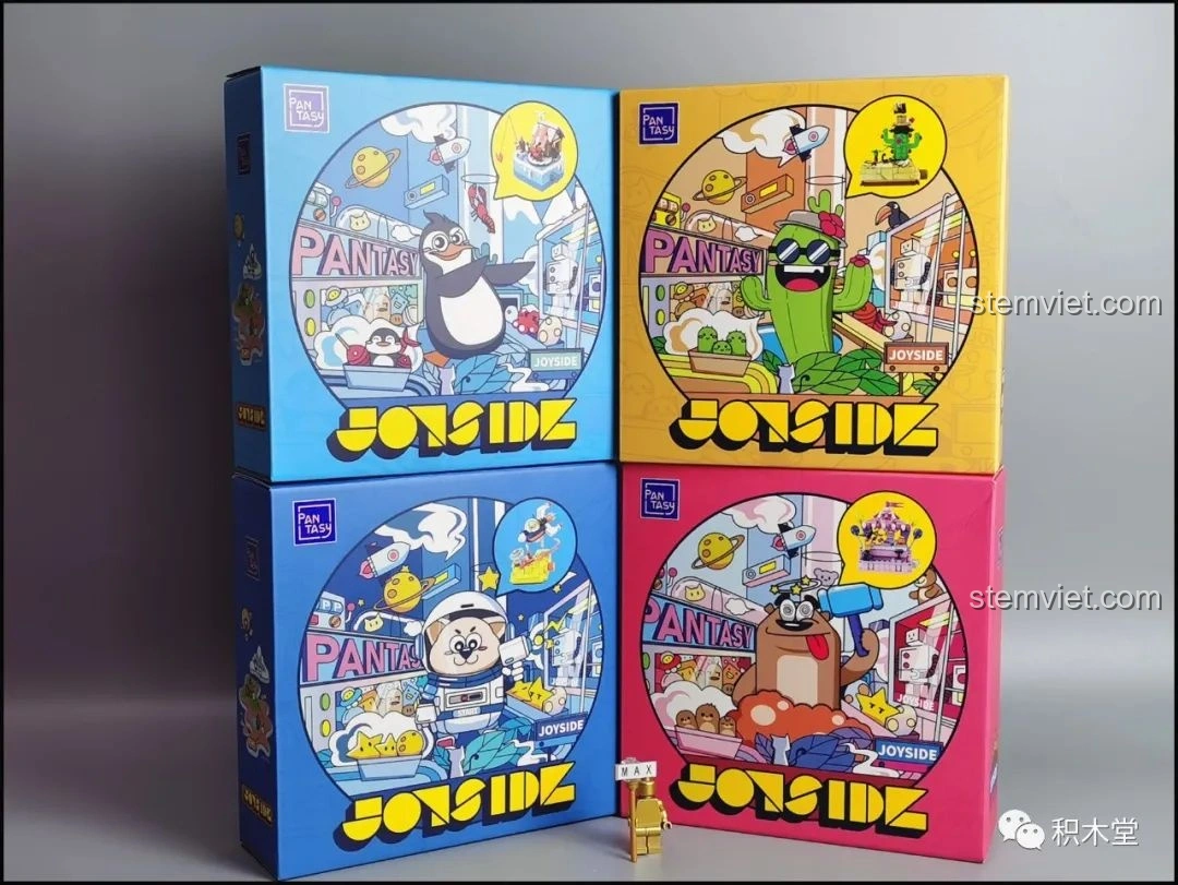 Mặt sau hộp bộ lắp ráp Pantasy Joyside 61001-61004 với hình minh họa nghệ thuật độc đáo cho từng cảnh quan.