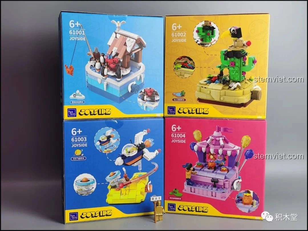Bộ 4 hộp lắp ráp Pantasy Joyside 61001-61004 với các cảnh quan tuyết, sa mạc, không gian, và công viên giải trí.