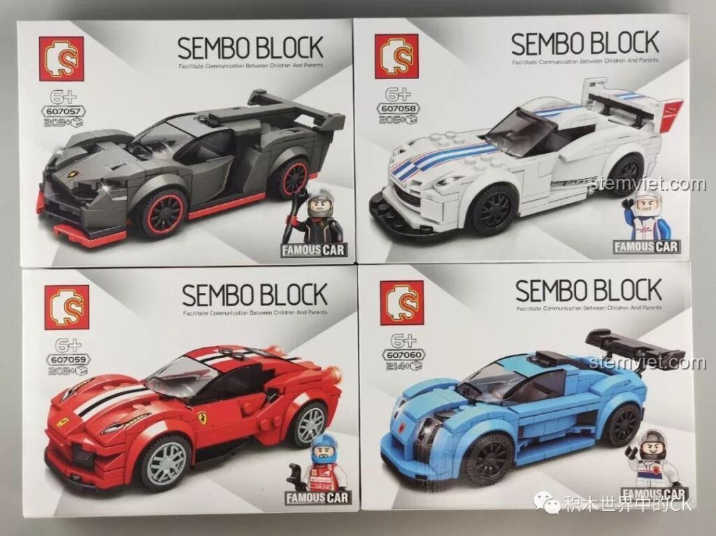 Bộ 4 hộp đồ chơi lắp ráp SEMBO FAMOUS CAR Series 607057-607060, bao gồm siêu xe Ferrari 488 Pista.