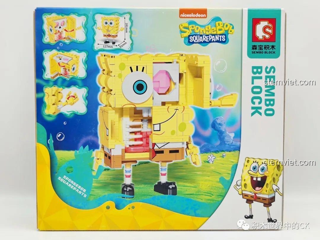 Mặt sau hộp SEMBO Spongebob Squarepants 612203, hiển thị kích thước và tính năng