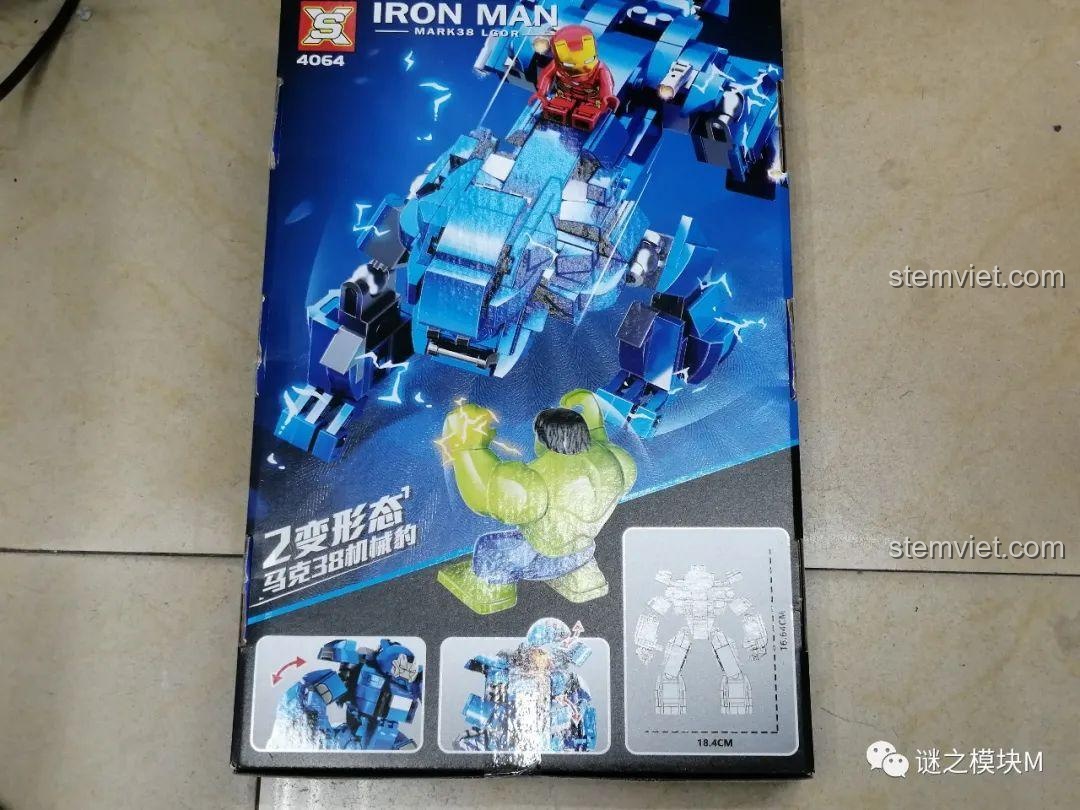 Mặt sau hộp bộ lắp ráp Shuang Xiang Iron Man Mark 38 Igor SX4064, giới thiệu khả năng biến hình 2 mẫu.