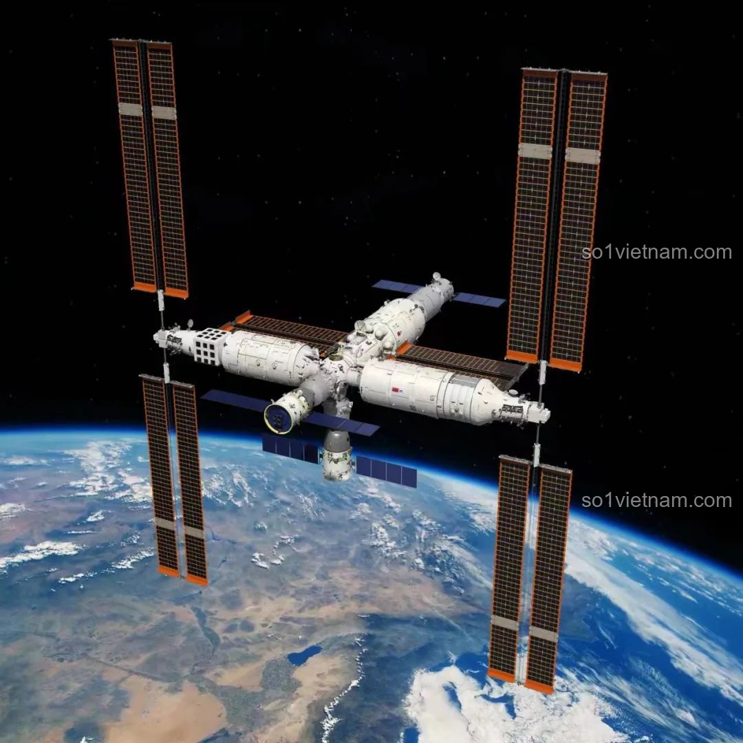 Hình ảnh mô phỏng trạm vũ trụ Thiên Hòa trên nền Trái Đất
