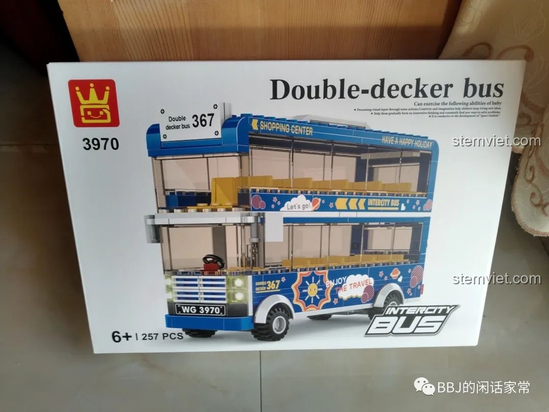 Hộp bộ lắp ráp xe buýt hai tầng Wange 3970 với hình ảnh mô hình hoàn chỉnh