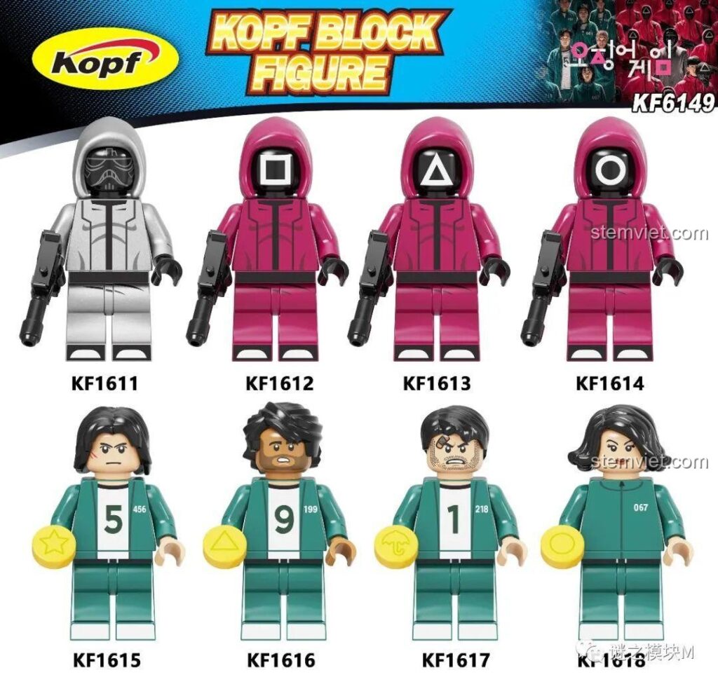 Bộ minifigure Squid Game KF6149 của Kopf, giới thiệu các nhân vật người chơi và nhân viên an ninh.