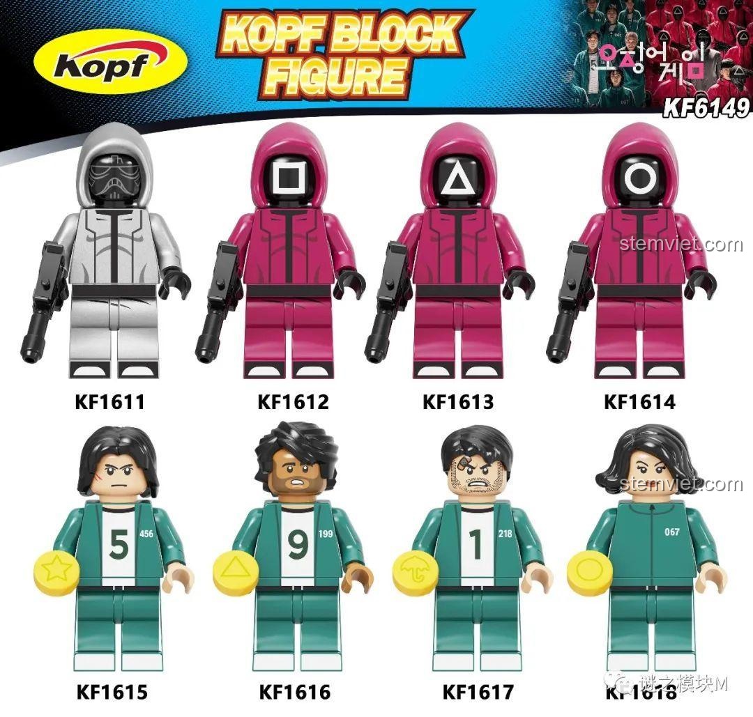 Bộ minifigure Squid Game KF6149 của Kopf, giới thiệu các nhân vật người chơi và nhân viên an ninh.