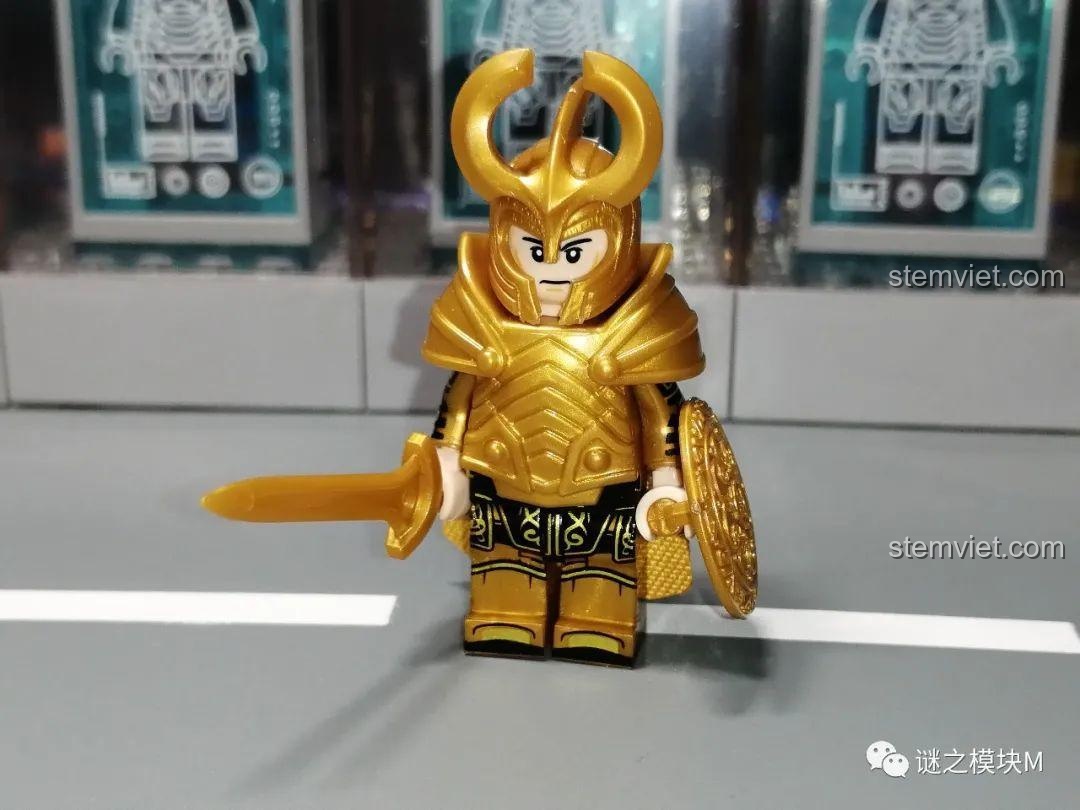 Ảnh quảng cáo bộ 8 Minifigure Vệ binh Asgard KORUIT KT1044 với giáp vàng và bạc.