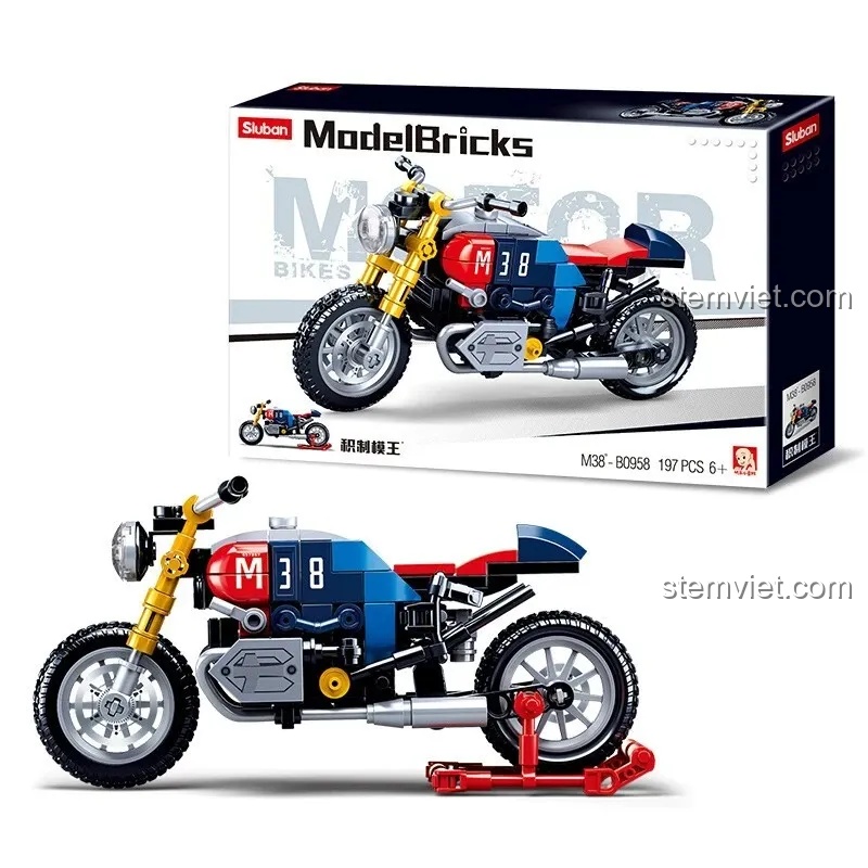 Toàn cảnh bộ mô hình xe mô tô Sluban M38-B0958 và hộp đựng sản phẩm, nổi bật với thiết kế nhiều màu sắc và chi tiết.