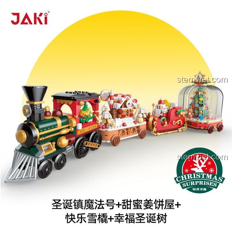 Bộ sản phẩm JAKI JK5163 Cây Giáng Sinh Hạnh Phúc và Tàu Hỏa Vui Vẻ, đồ chơi lắp ghép Giáng Sinh cho bé gái 8 tuổi, Tương thích LEGO®, Màu xanh lá, đỏ, trắng, vàng, có tính năng xoay cây thông Noel