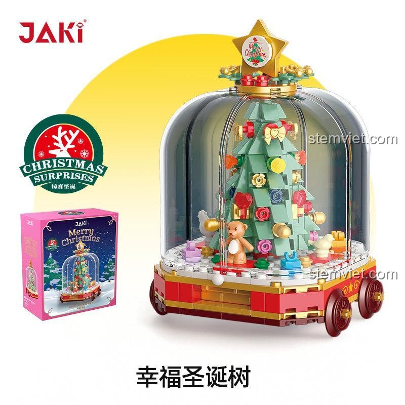 Bộ sản phẩm JAKI JK5163 Cây Giáng Sinh Hạnh Phúc và Tàu Hỏa Vui Vẻ, đồ chơi lắp ghép Giáng Sinh cho bé gái 8 tuổi, Tương thích LEGO®, Màu xanh lá, đỏ, trắng, vàng, có tính năng xoay cây thông Noel