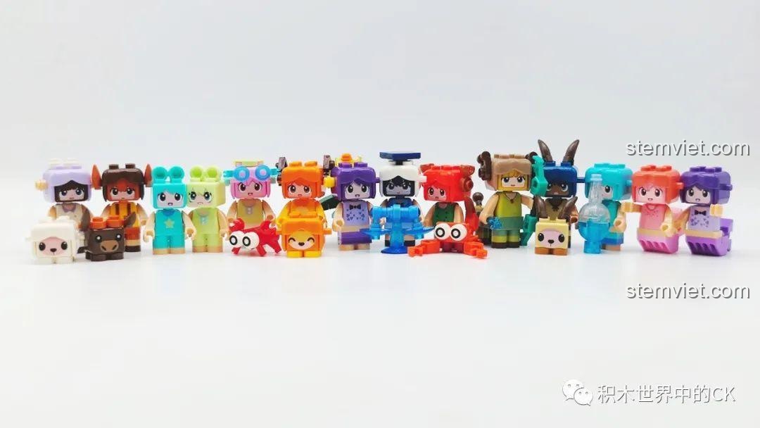 Toàn bộ 12 minifigure cung hoàng đạo và linh vật sau khi lắp ráp xong từ bộ Pixel Planet KT8001.