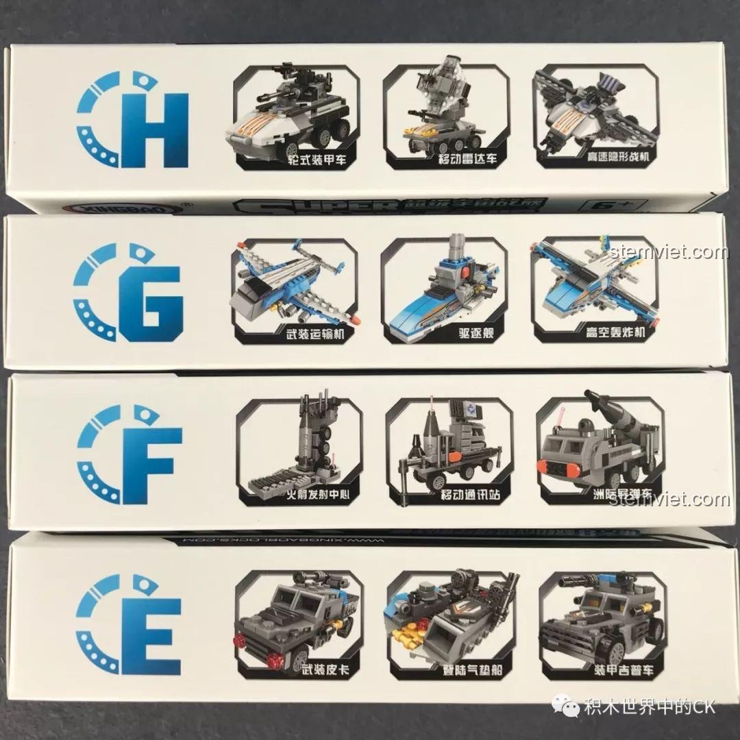 Tổng hợp các mô hình quân sự viễn tưởng có thể lắp từ các hộp nhỏ của bộ Xingbao XB-13001 Hạm Đội Vũ Trụ Mini.
