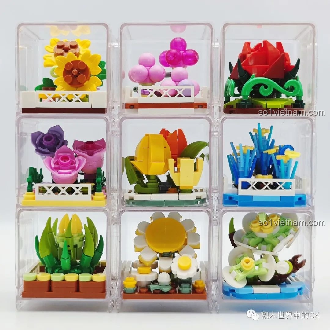 Góc nhìn nghiêng của bộ sưu tập 9 chậu hoa nhà kính AULDEY được xếp thành khối 3x3.