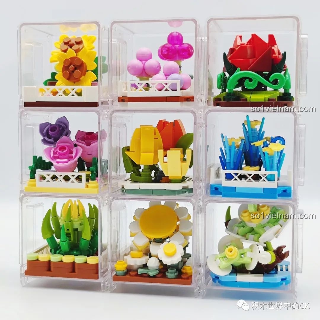 Toàn bộ 9 chậu hoa nhà kính AULDEY đã lắp ráp xong và được xếp thành một khối 3x3 đẹp mắt.