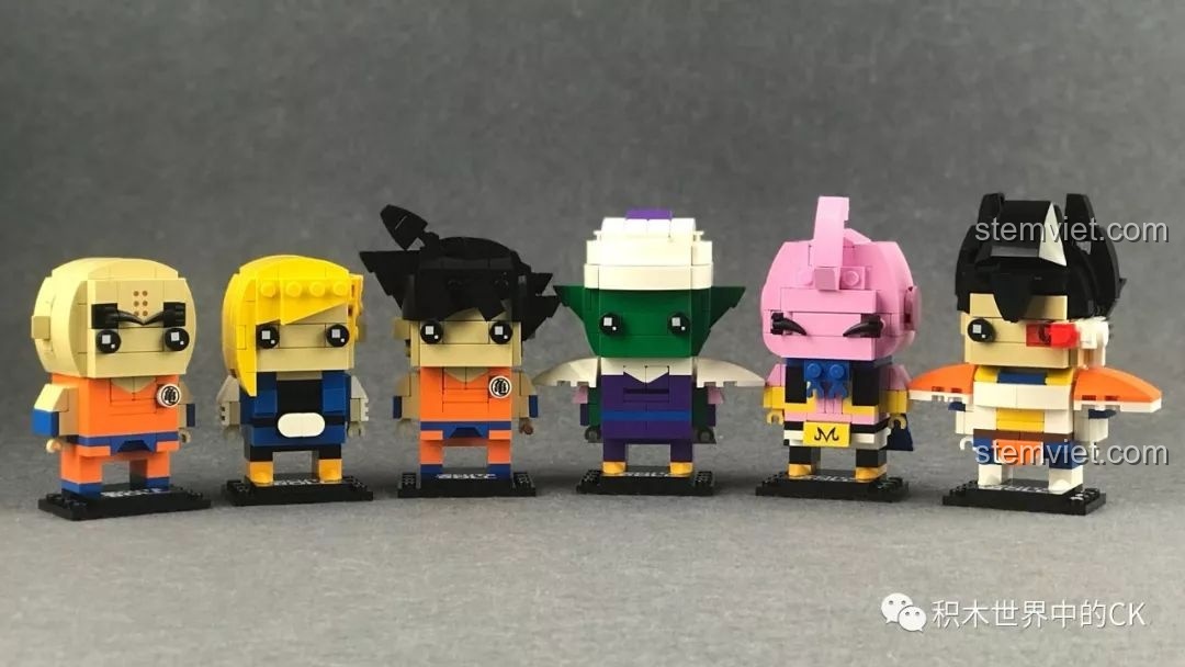 Ảnh chụp cả 6 mô hình của bộ lắp ráp Decool 6829-6834 Dragon Ball Z Cute Doll xếp hàng ngang.